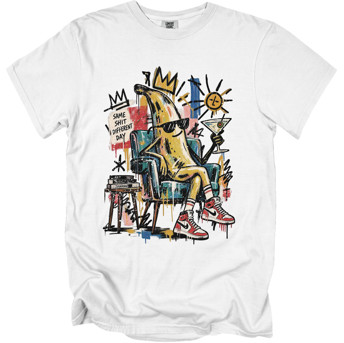 Cartoon banana wearing sunglasses and crown, holding cocktail, sitting in chair with text.