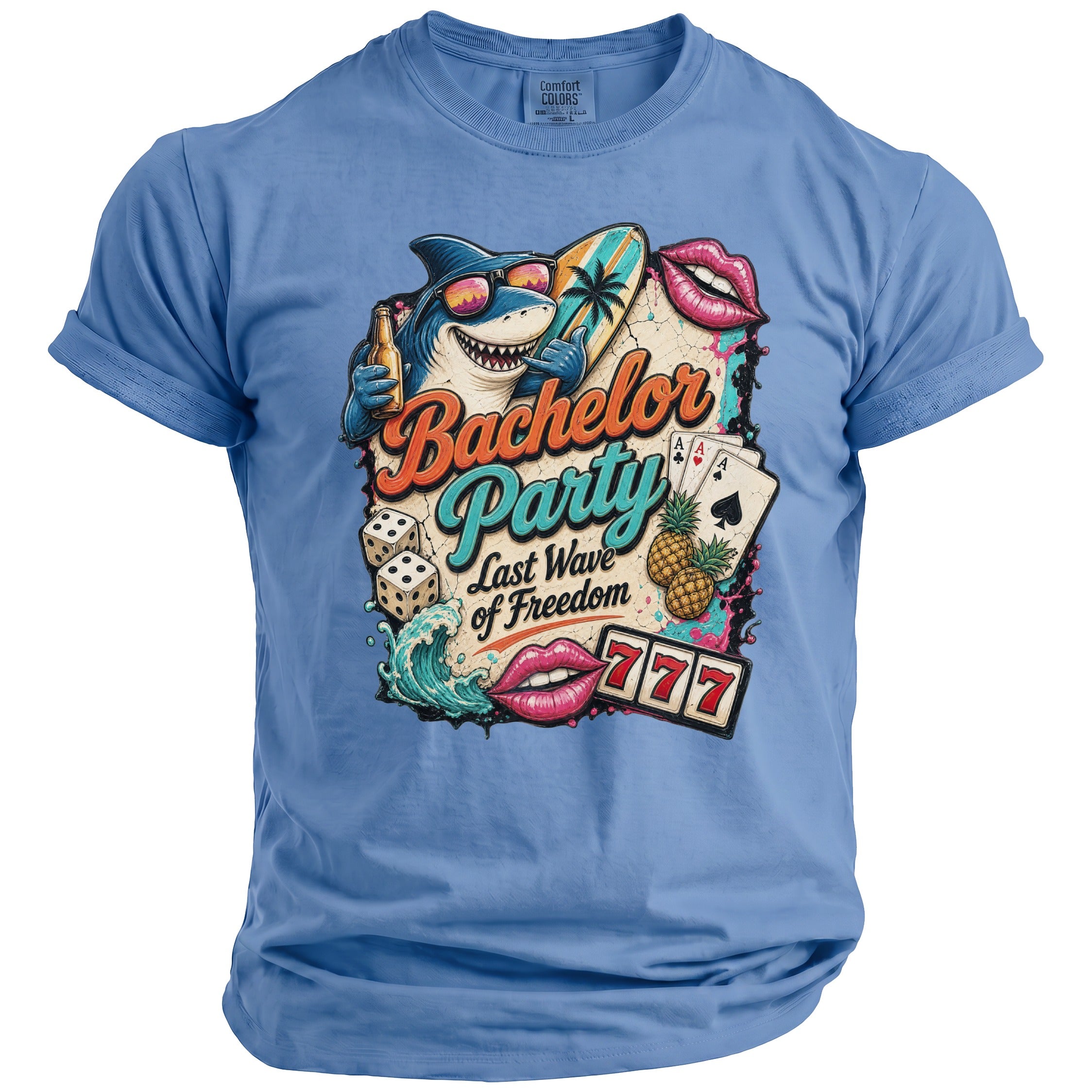 Blue t-shirt with Bachelor Party Last Wave of Freedom graphic: shark, surf, dice, cards, lips, and slot machine.
