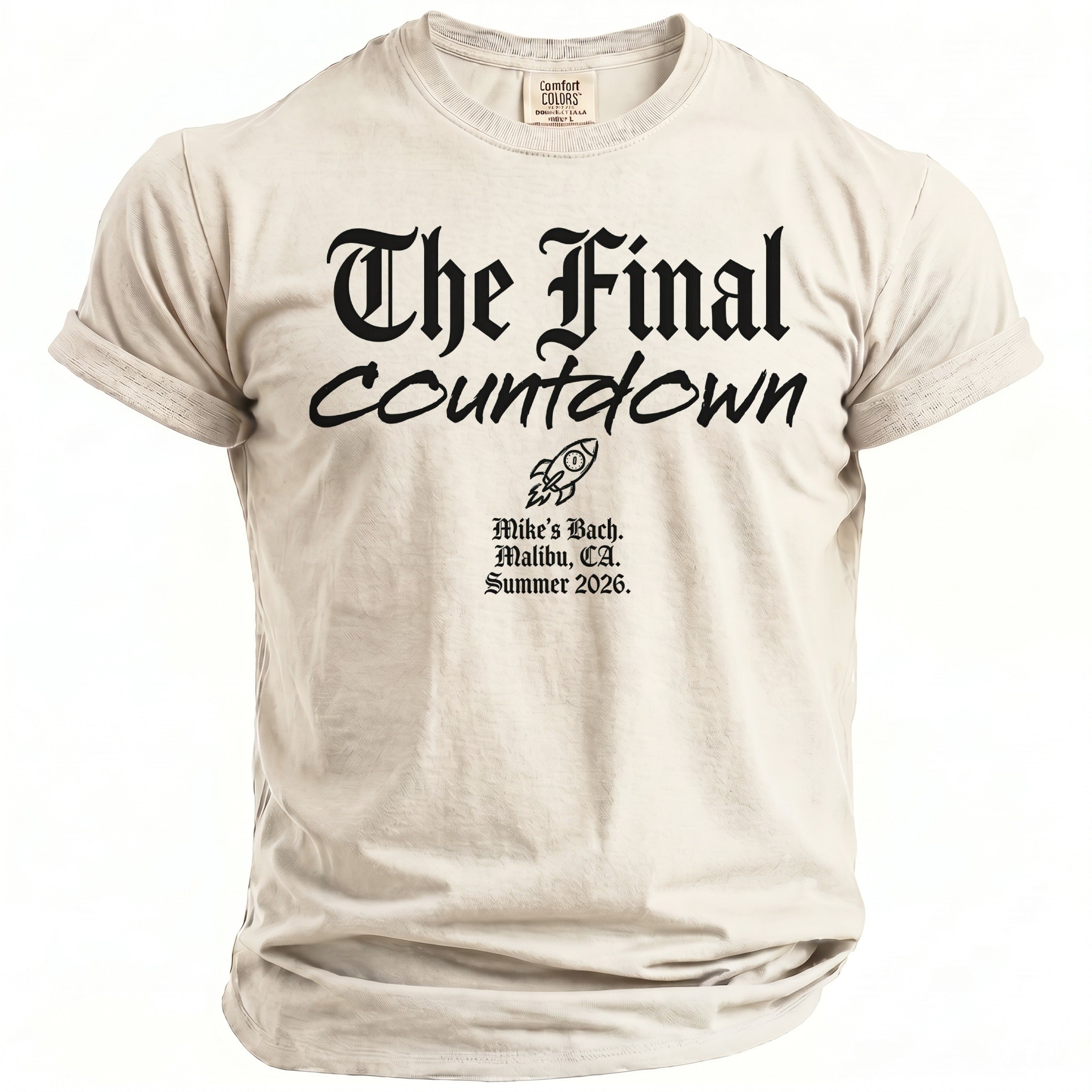 Light tan t-shirt with "The Final Countdown" and rocket graphic.
