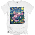 White t-shirt with an axolotl illustration in a starry night style.