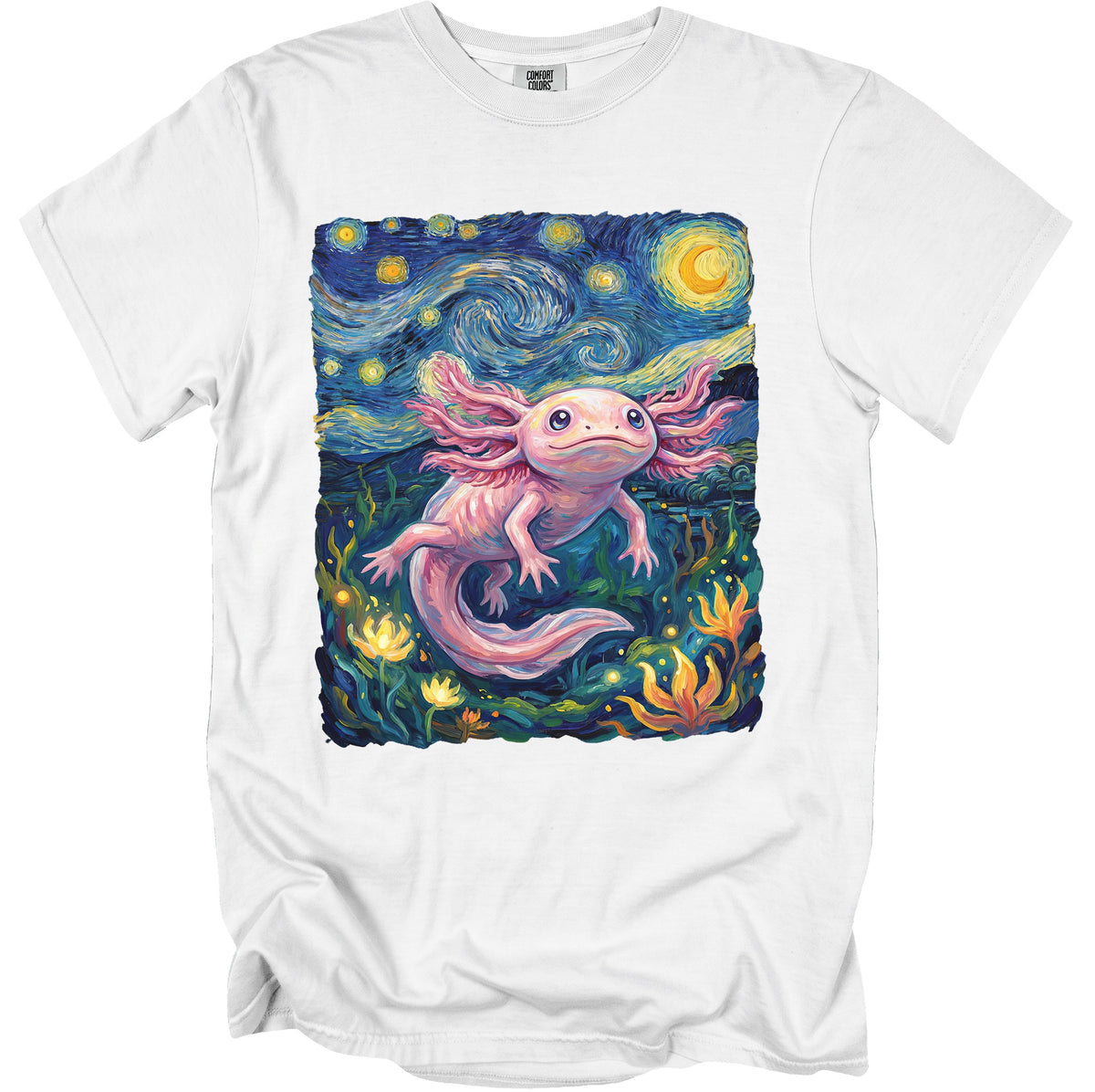 White t-shirt with an axolotl illustration in a starry night style.