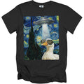 A white duck in sunglasses is abducted by a UFO under a starry night sky.