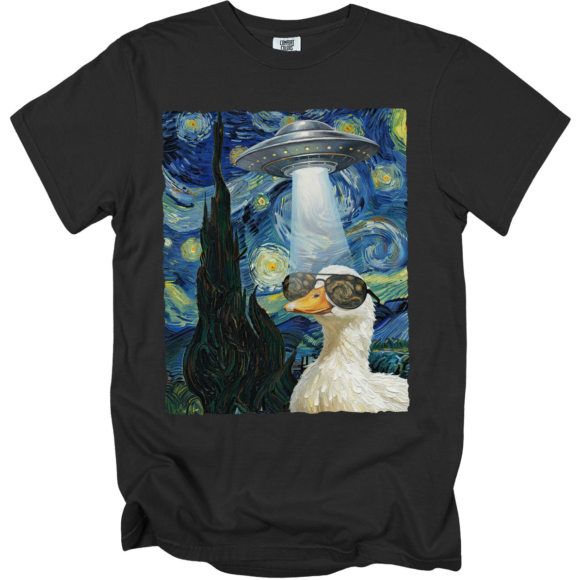 A white duck in sunglasses is abducted by a UFO under a starry night sky.