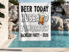 Beer Today Husband Tomorrow Bachelor Party 2026 banner with beer mug graphic.