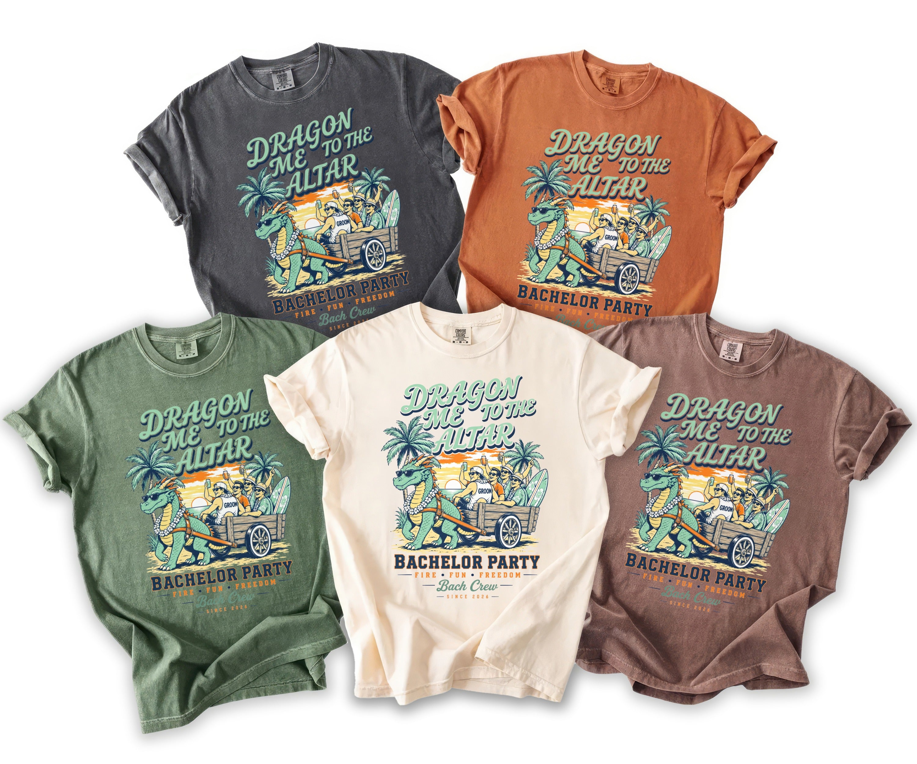 Five t-shirts in different colors featuring a dragon pulling a cart with men and groom.