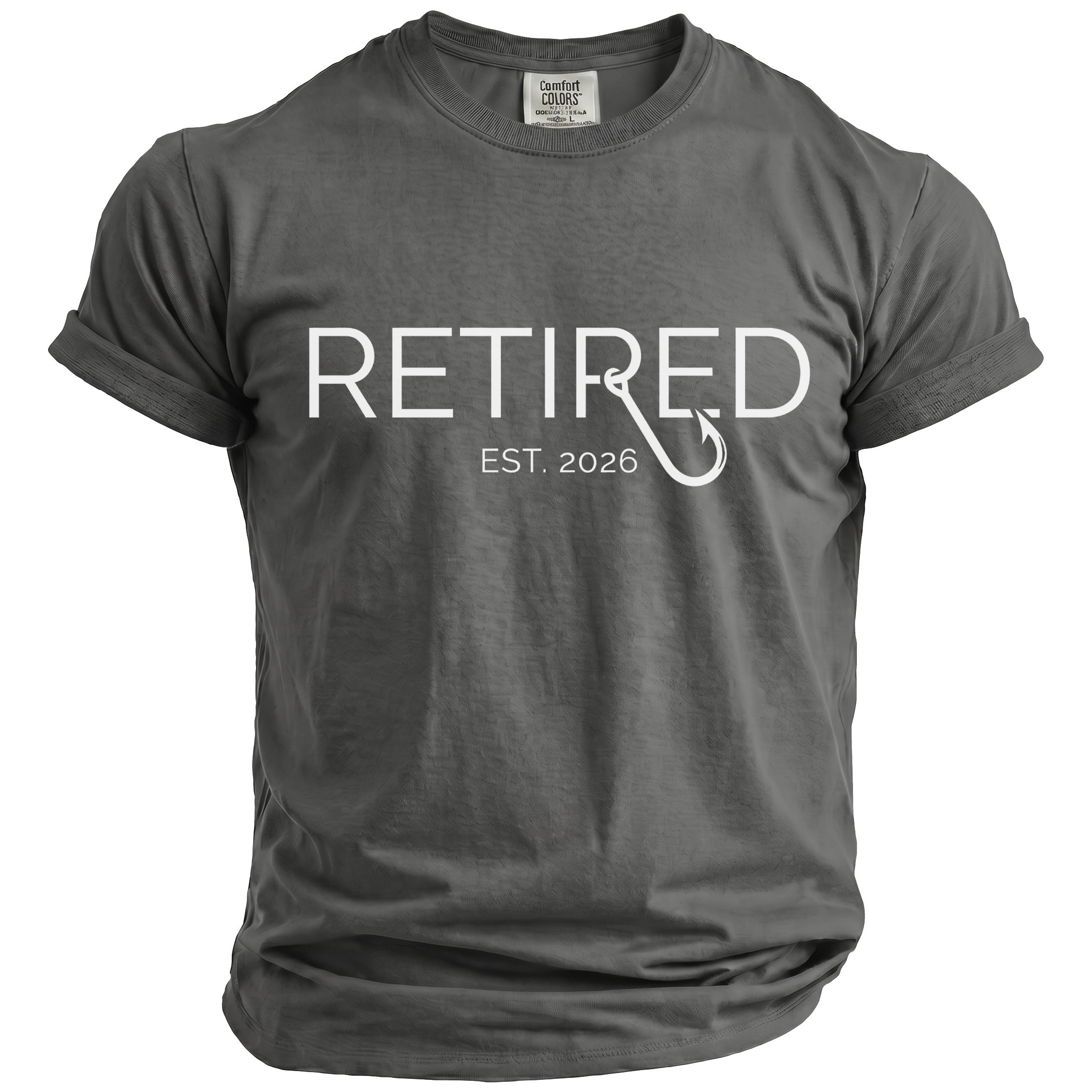 Retired est. 2026 t-shirt with fishing hook graphic.