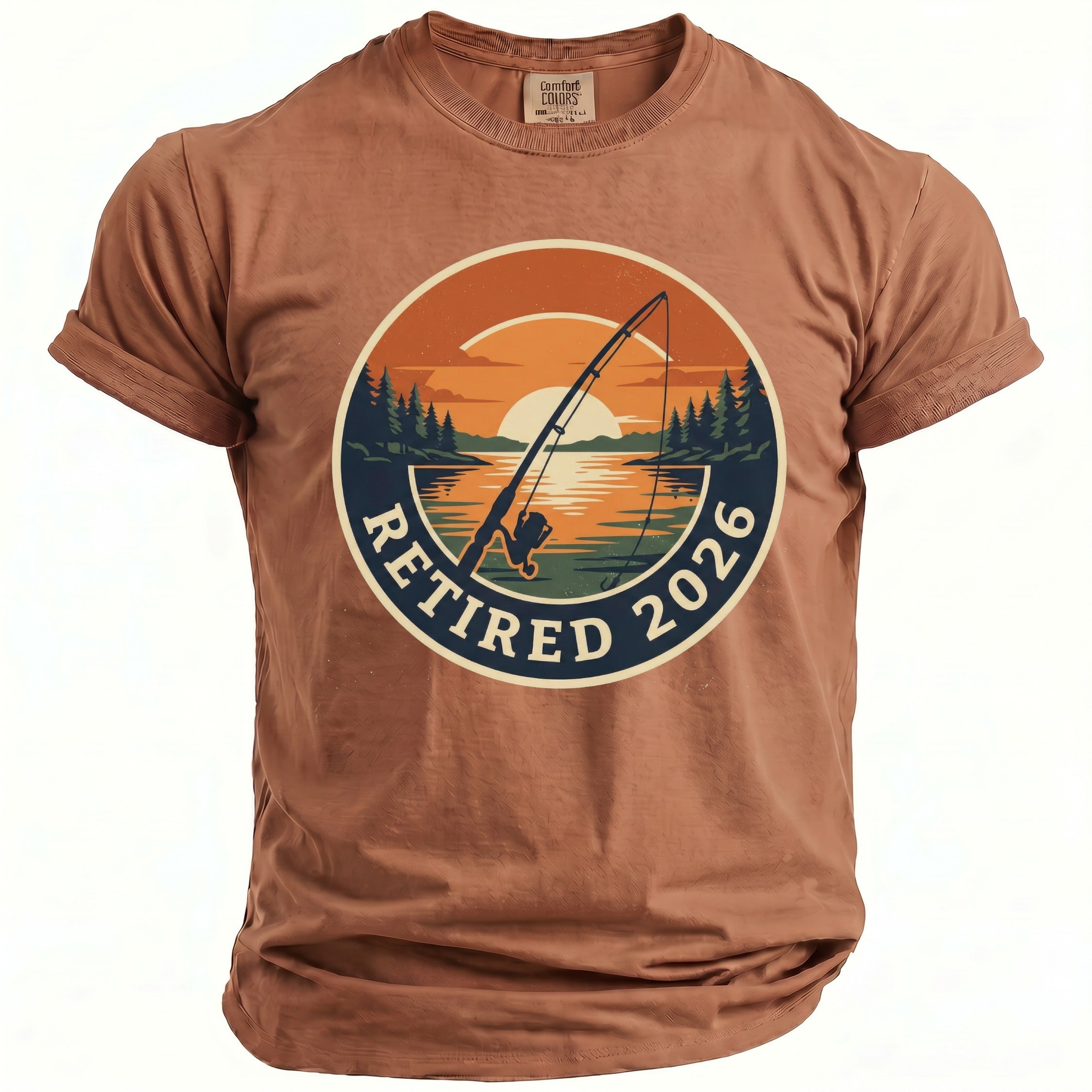 Brown t-shirt with a circular fishing graphic that reads "Retired 2026".