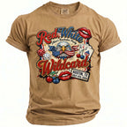 T-shirt with "Red White Wildcard Alex's Bachelor Party" graphic, eagle, dice, cherries, lips, cards.