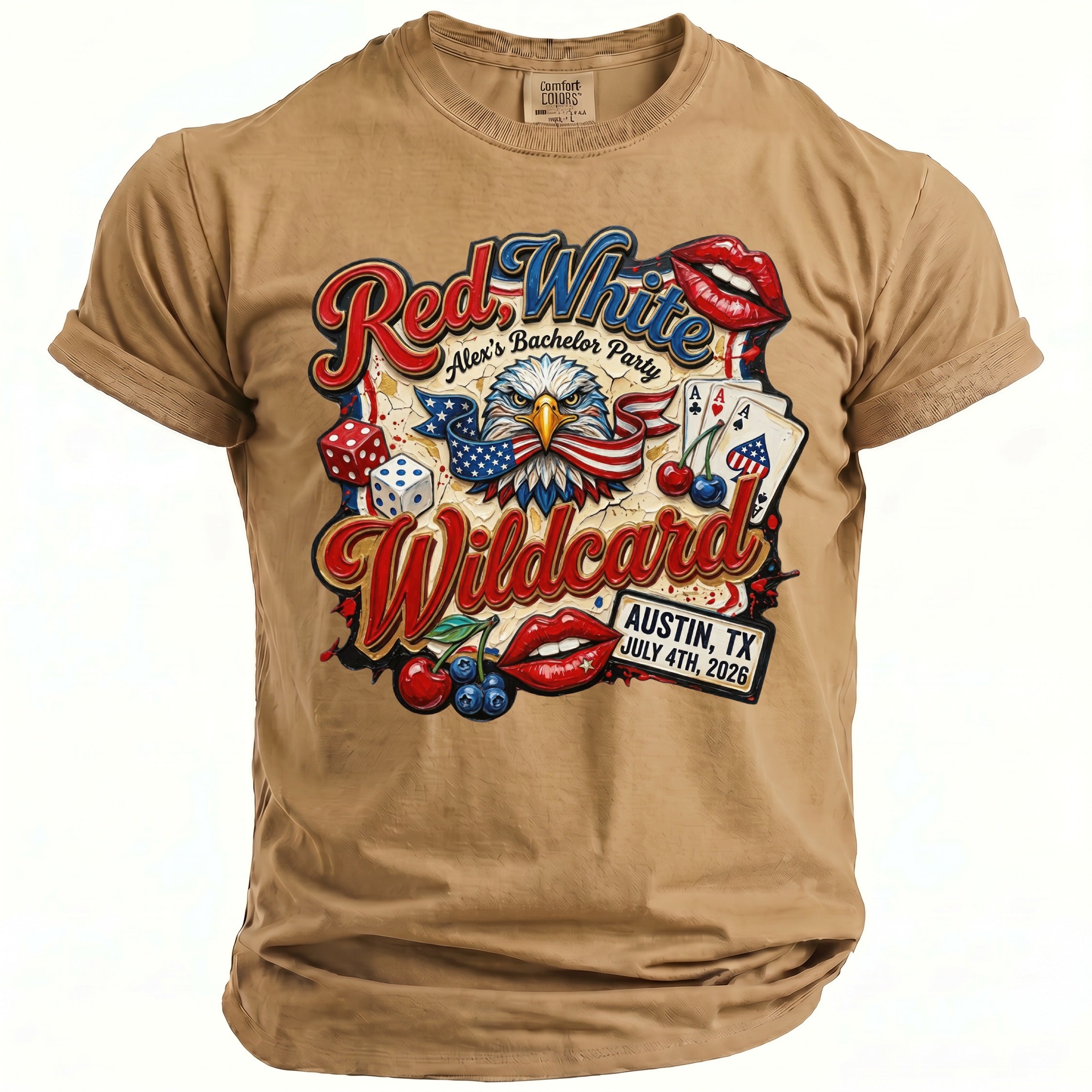 T-shirt with "Red White Wildcard Alex's Bachelor Party" graphic, eagle, dice, cherries, lips, cards.
