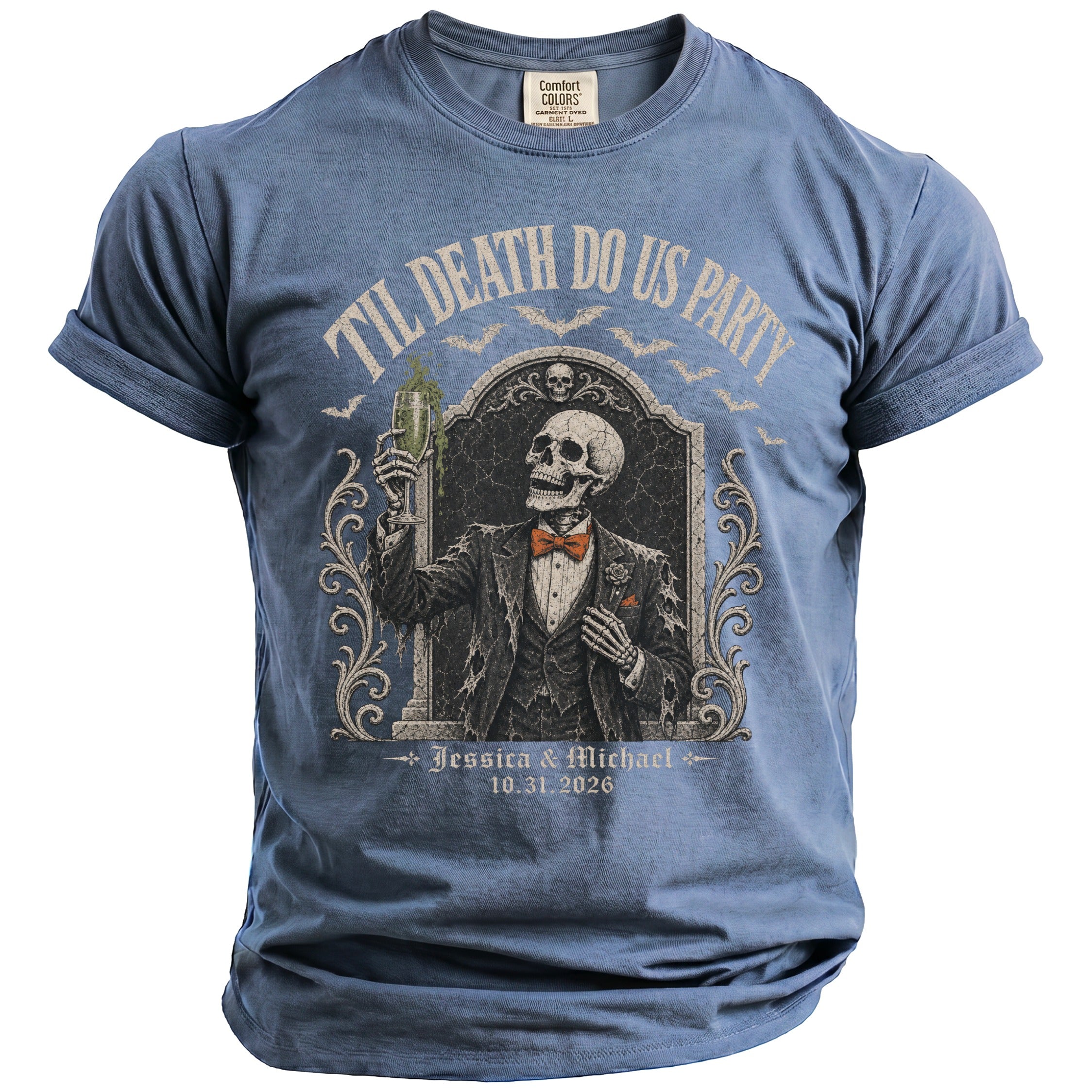 Blue t-shirt with skeleton, "Til Death Do Us Party," and "Jessica & Michael 10.31.2026."