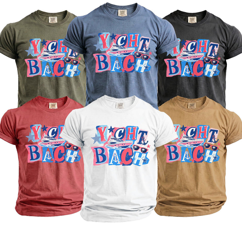 Six t-shirts in various colors feature a red, white, and blue "Yacht Bach" design with a yacht.