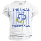 White t-shirt with "THE FINAL Mike's Bach COUNTDOWN" text and broken shackles graphic.
