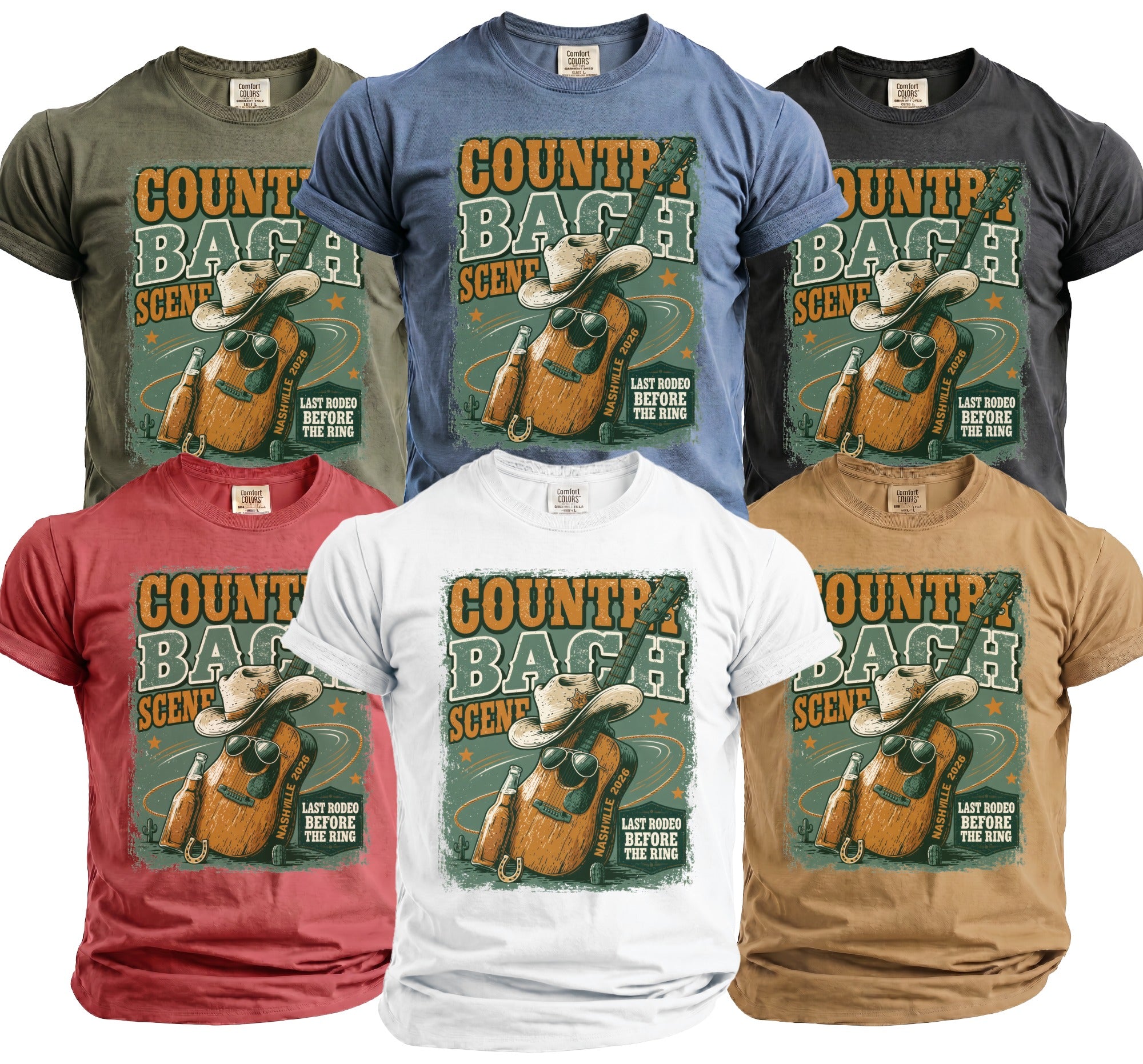 T-shirts with "Country Bach Bash" design, featuring guitar, cowboy hat, and beer.