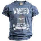 Blue t-shirt with "WANTED DEAD OR MARRIED" text and photo placeholder.