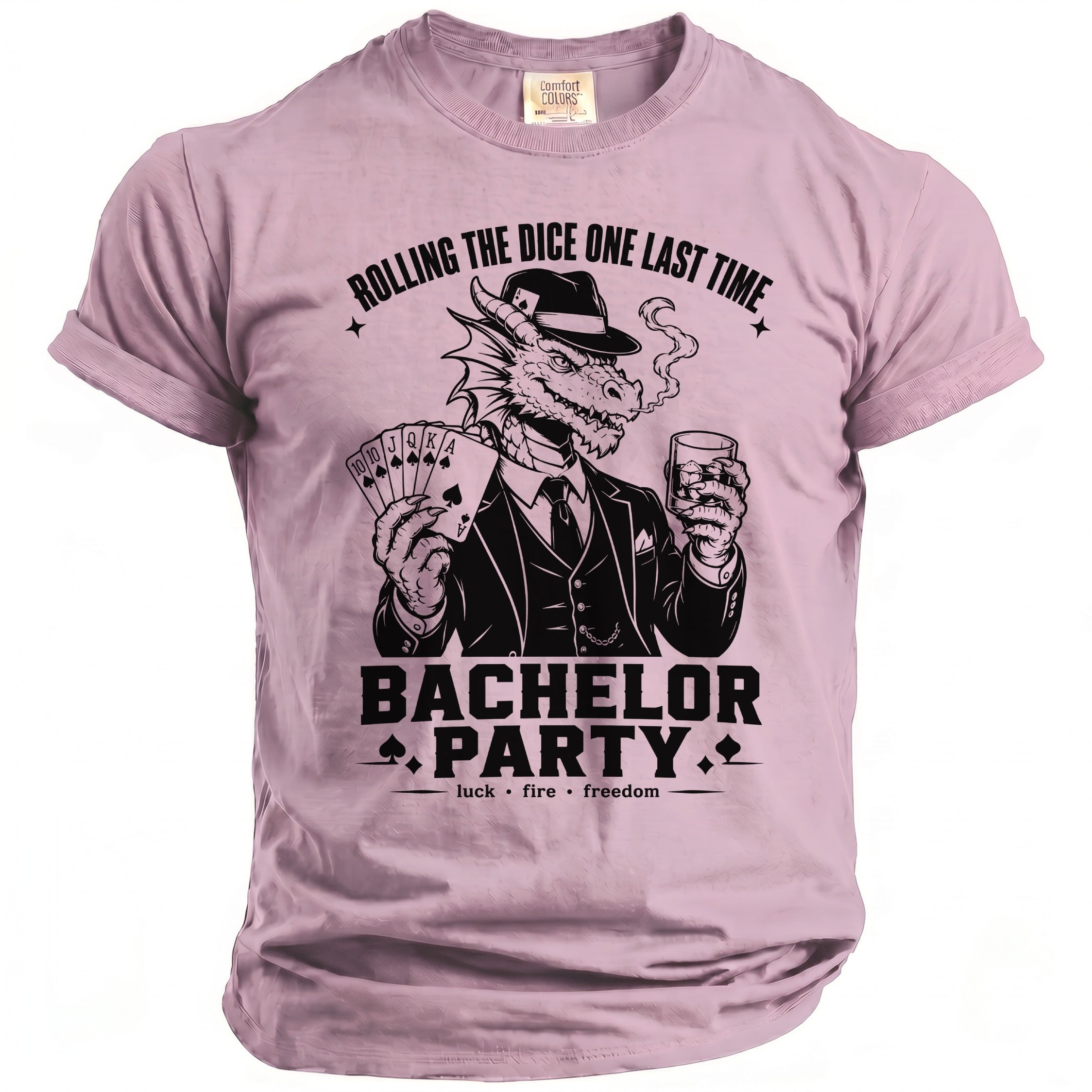 T-shirt with a dragon smoking, holding cards and a drink, reads "BACHELOR PARTY".