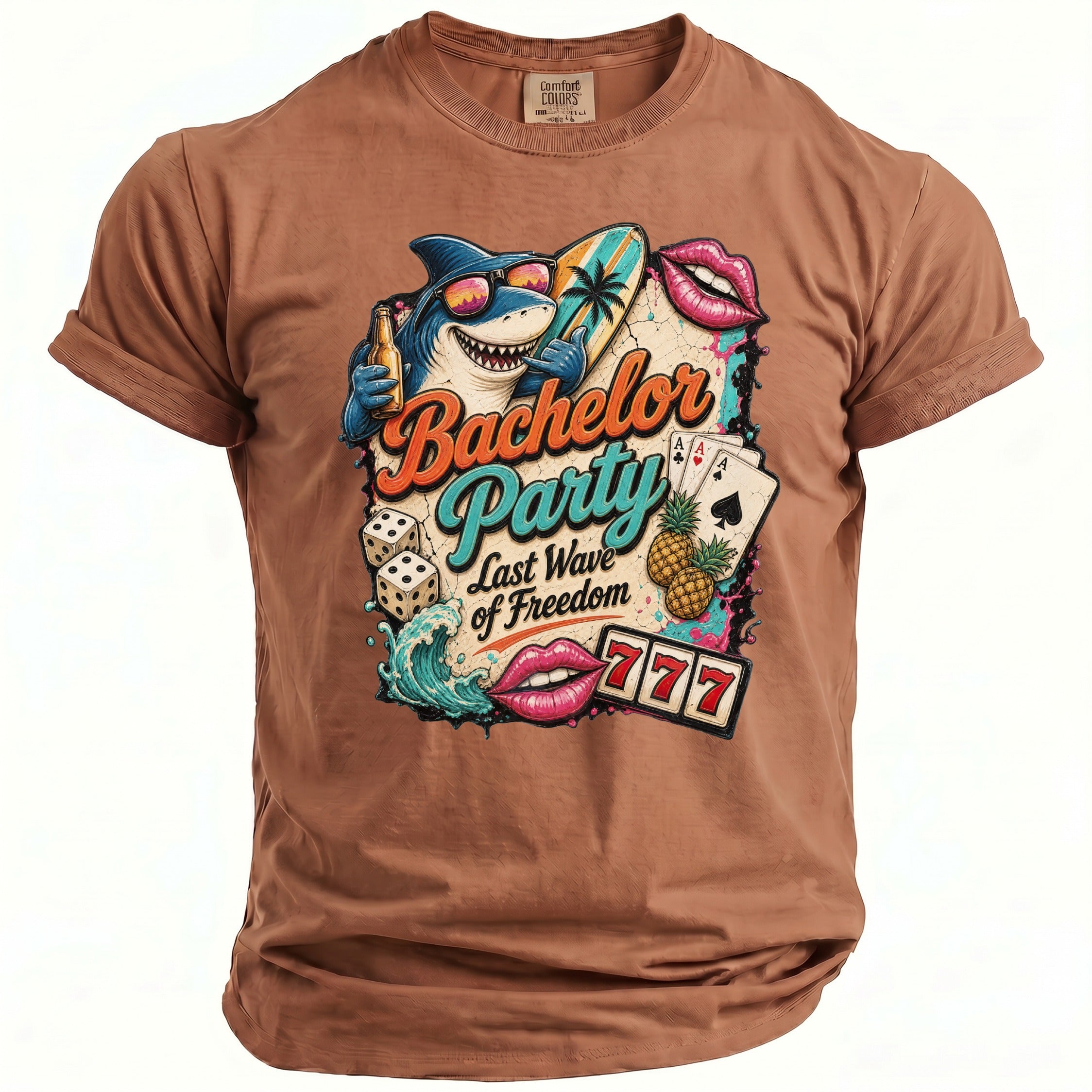 Brown t-shirt with "Bachelor Party Last Wave of Freedom" graphic featuring a shark and slot machine.