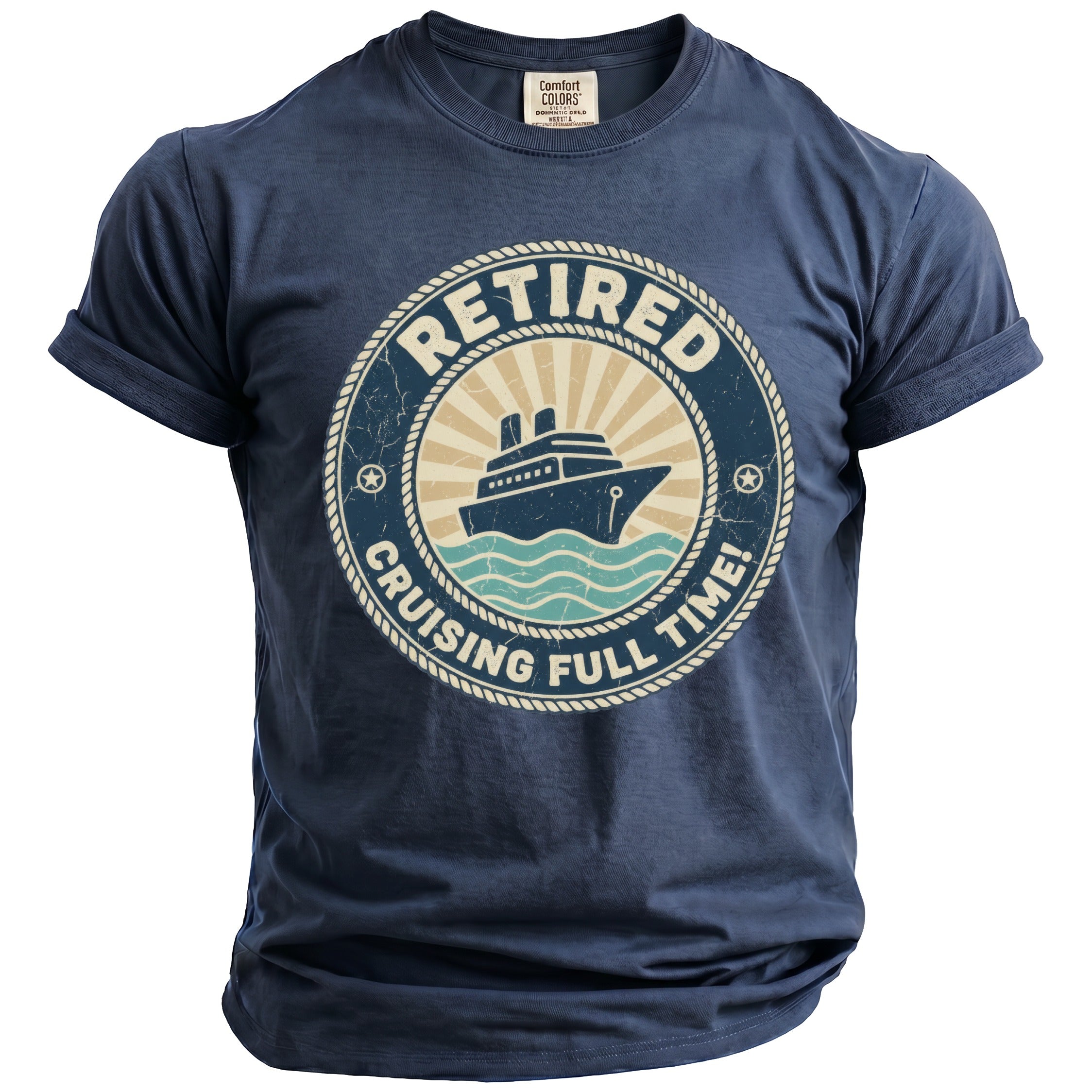 Navy t-shirt with "Retired Cruising Full Time!" and cruise ship graphic.
