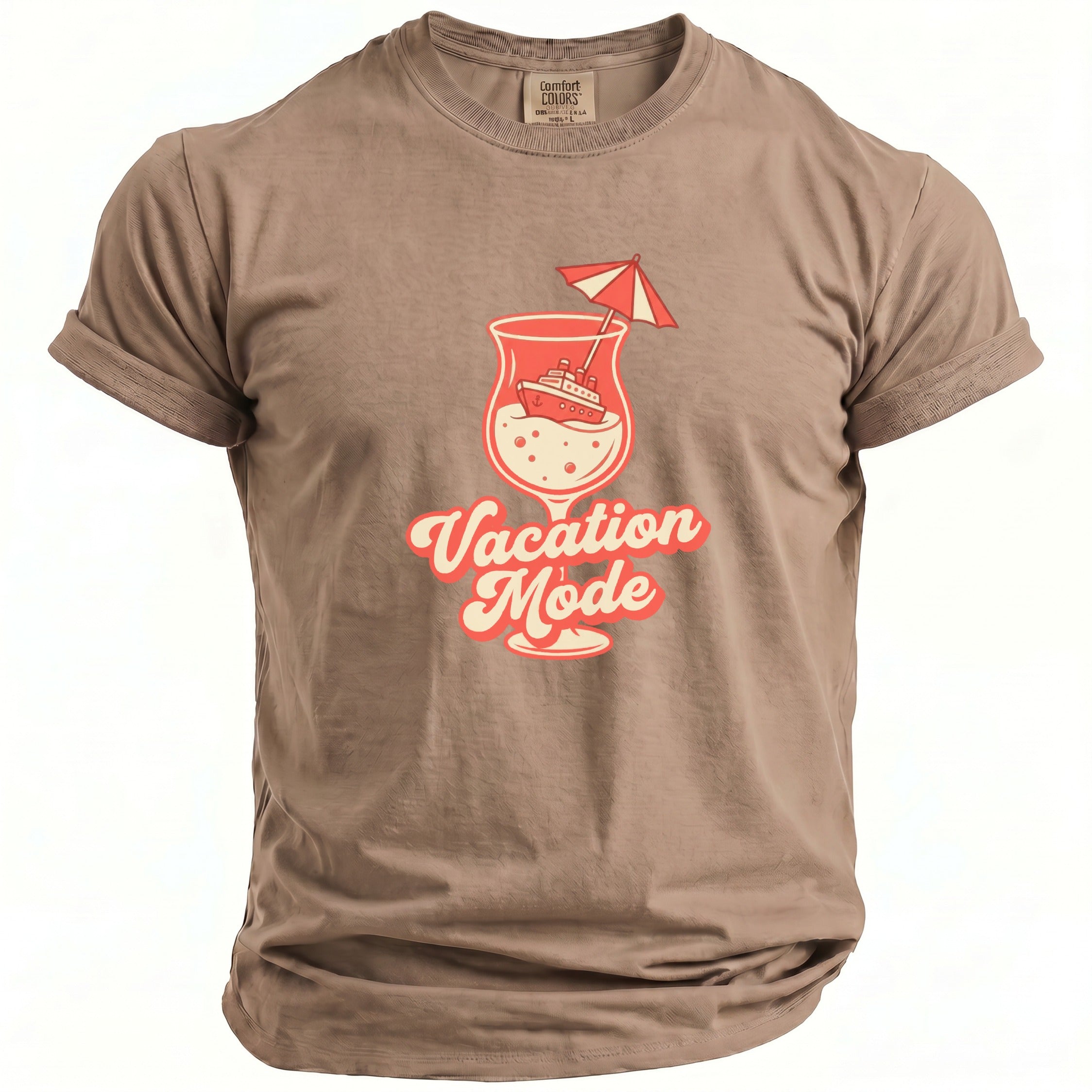 T-shirt with "Vacation Mode" text and a cruise ship in a cocktail glass.