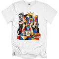 Abstract art on white t-shirt with text "MAKE ART NOT WAR" and "FUEL CREATIVITY".