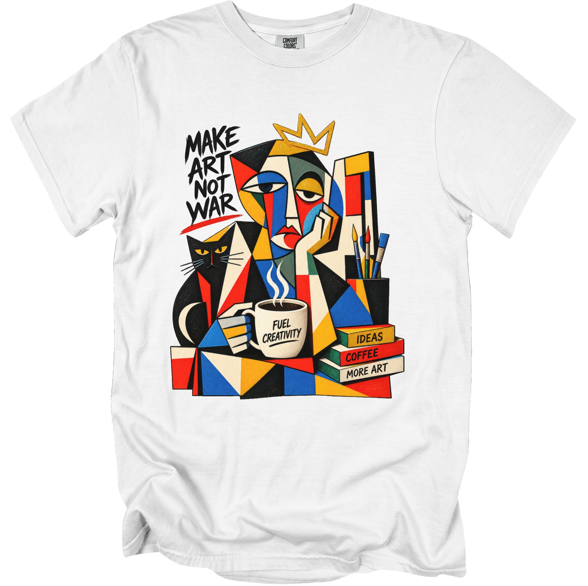 Abstract art on white t-shirt with text "MAKE ART NOT WAR" and "FUEL CREATIVITY".