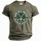Olive green t-shirt with "Same Hole Forever Bachelor Golf Weekend 2026" circular print.