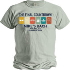 T-shirt with "The Final Countdown" and icons for Mike's Bach party.