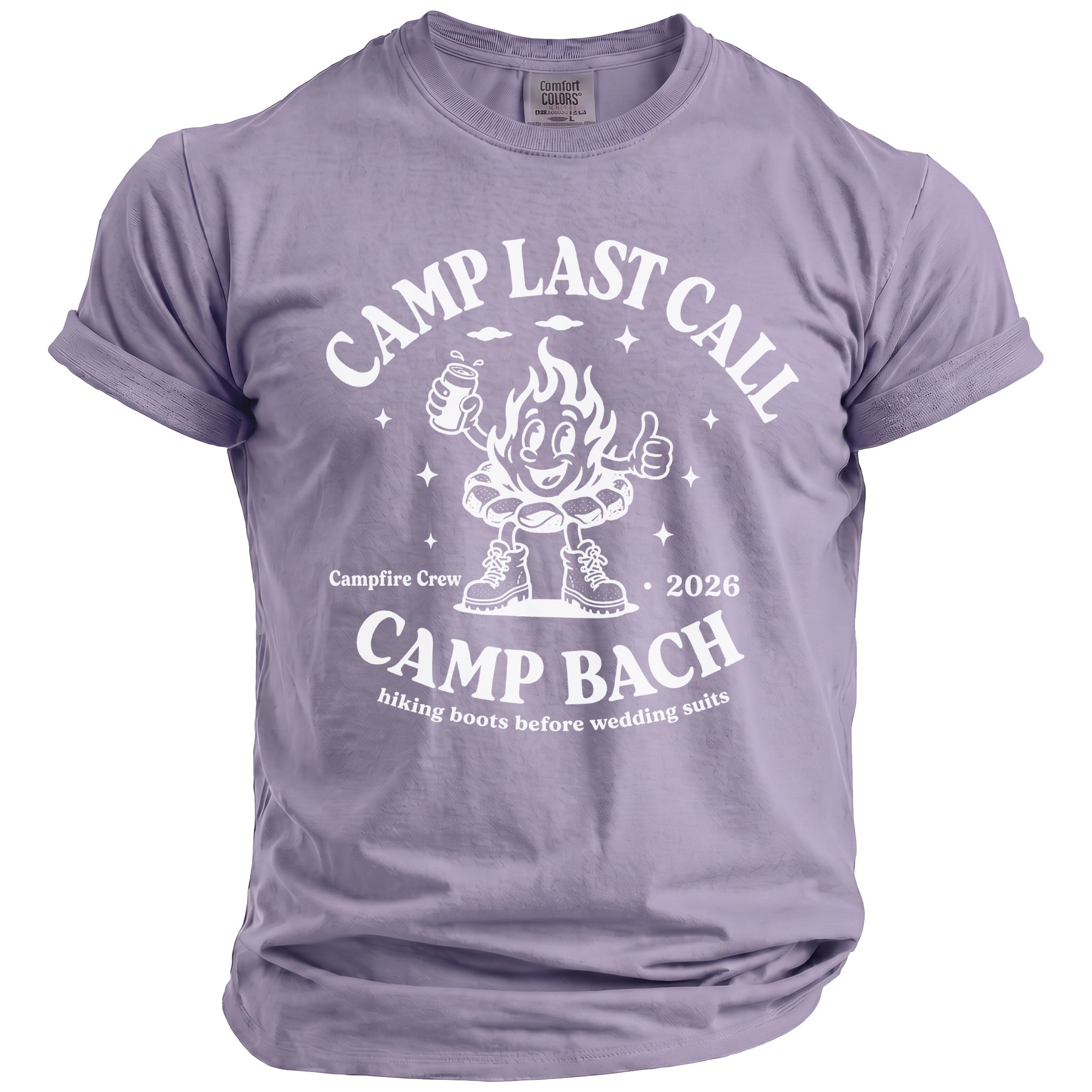 Light purple crew neck t-shirt featuring white graphic text that reads CAMP LAST CALL and CAMP BACH.
