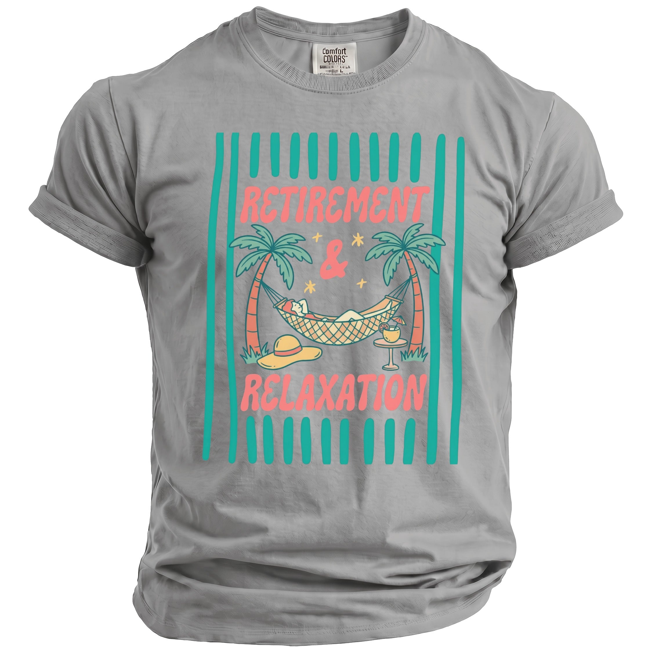 Gray t-shirt with "Retirement & Relaxation" text and beach scene graphic.
