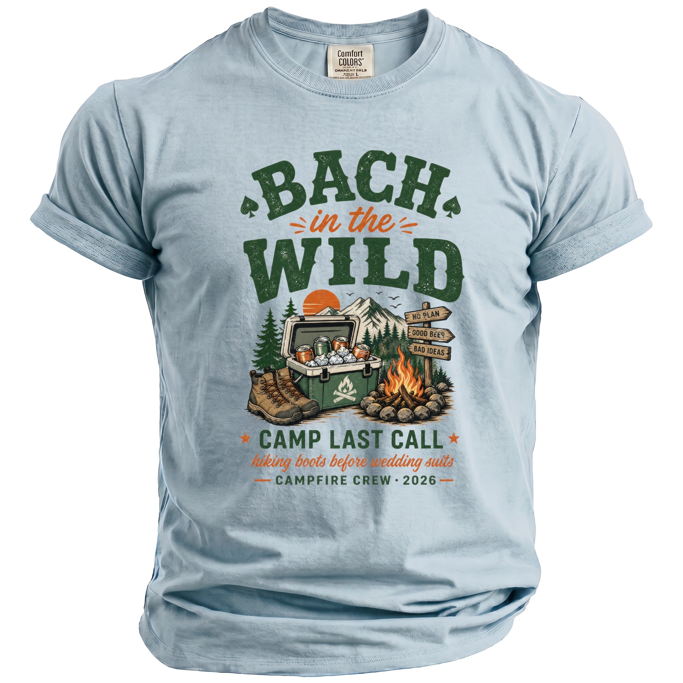 Light blue t-shirt with "Bach in the Wild" camping graphic and "Camp Last Call" text.