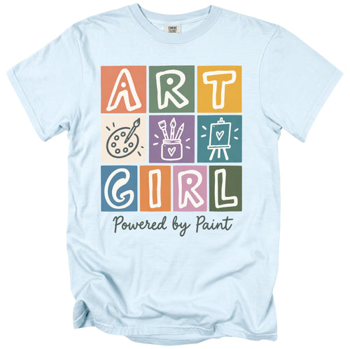 Light blue t-shirt with "ART GIRL" and "Powered by Paint" graphic.