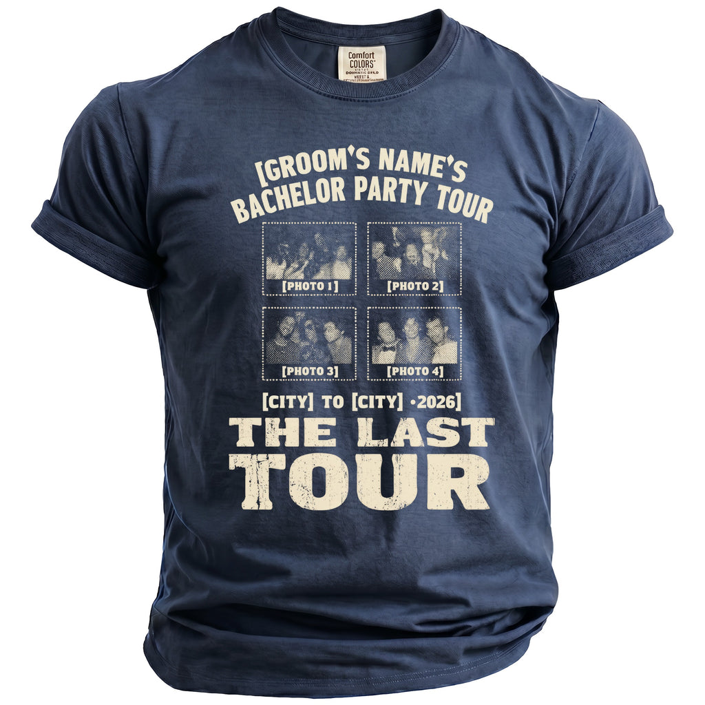 Customizable text shirt with "Groom's Name's Bachelor Party Tour" and four photos.