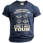 Customizable text shirt with "Groom's Name's Bachelor Party Tour" and four photos.