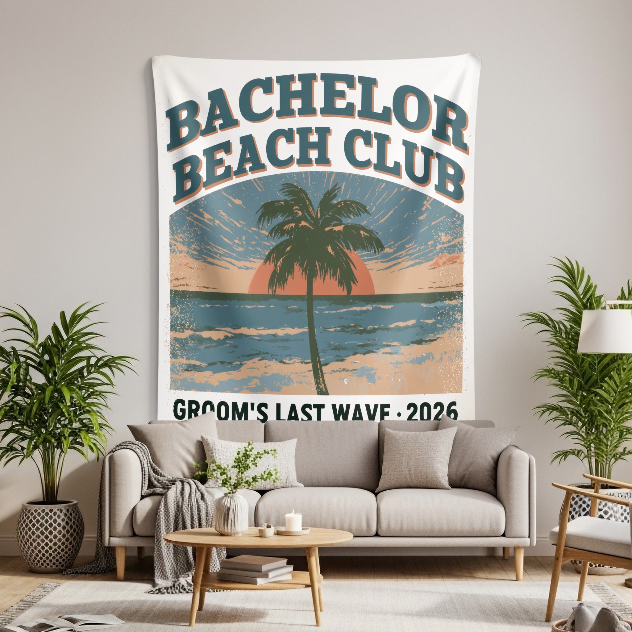 Tapestry with text "Bachelor Beach Club Groom's Last Wave 2026" and sunset palm tree design.