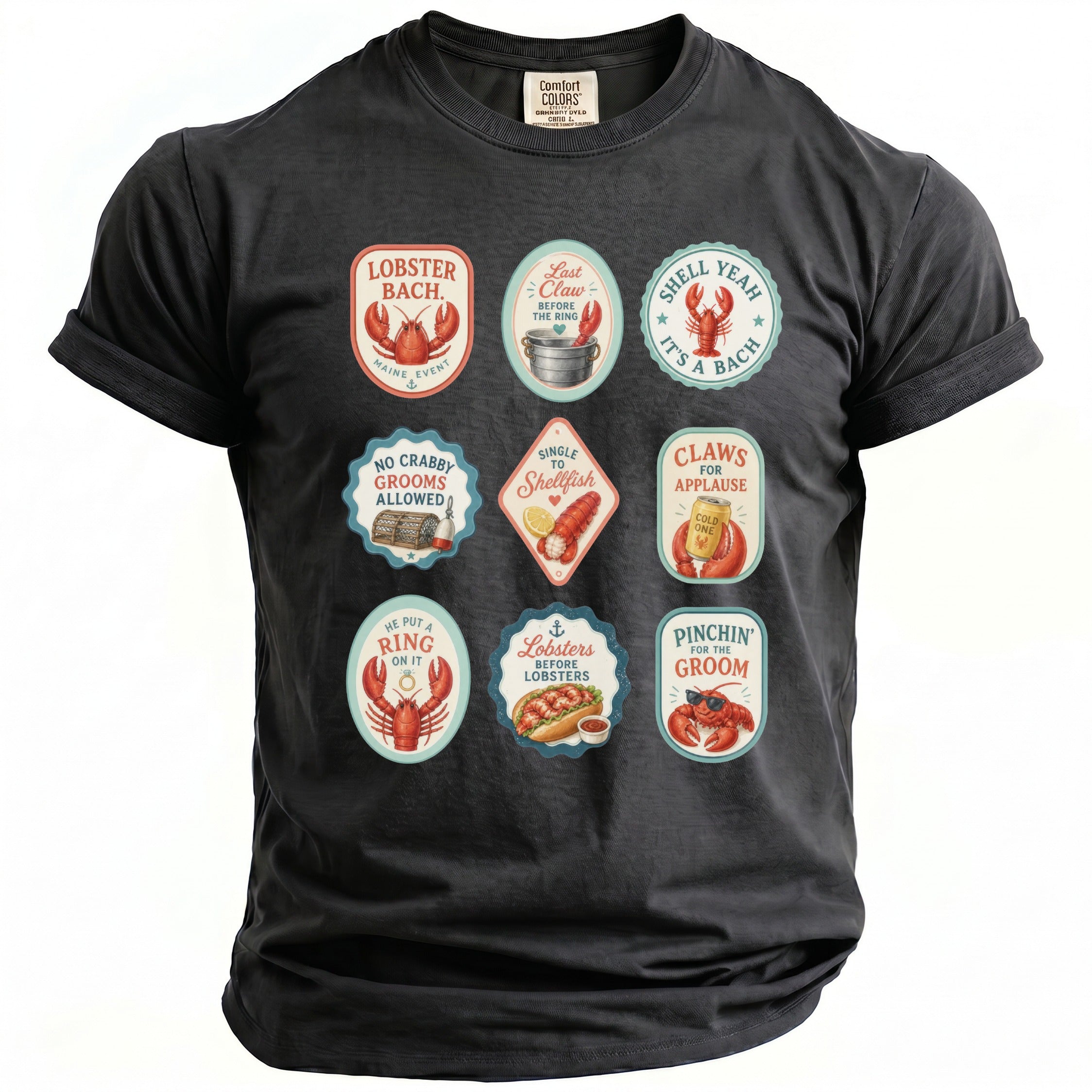 Dark gray t-shirt with nine oval and circular lobster-themed graphics and text.