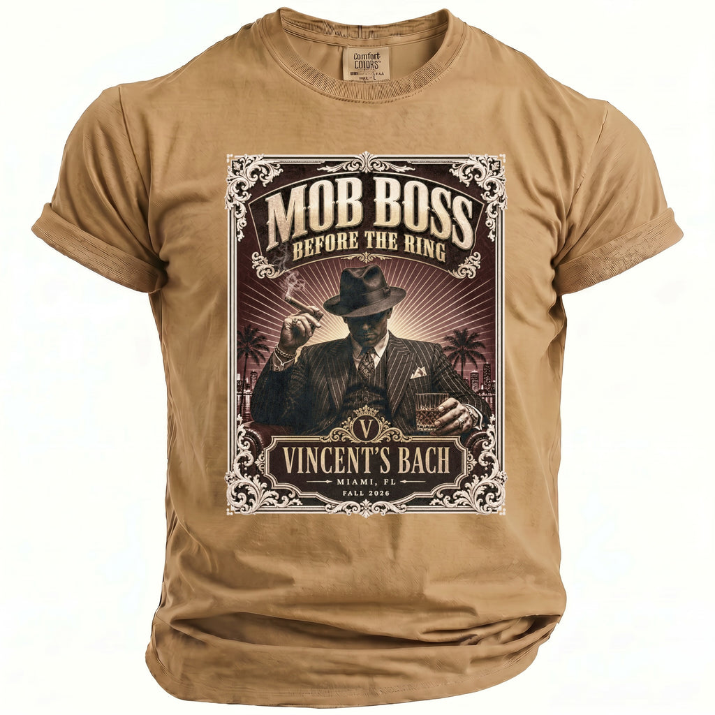 Tan Comfort Colors t-shirt with a "Mob Boss Before the Ring" graphic featuring a man with a cigar.