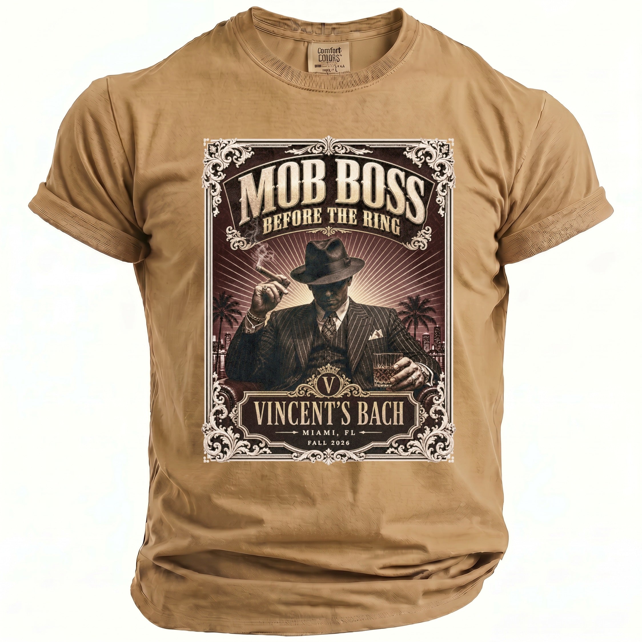 Tan Comfort Colors t-shirt with a "Mob Boss Before the Ring" graphic featuring a man with a cigar.