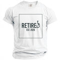 White t-shirt with "RETIRES EST. 2026" and a fishing hook graphic.