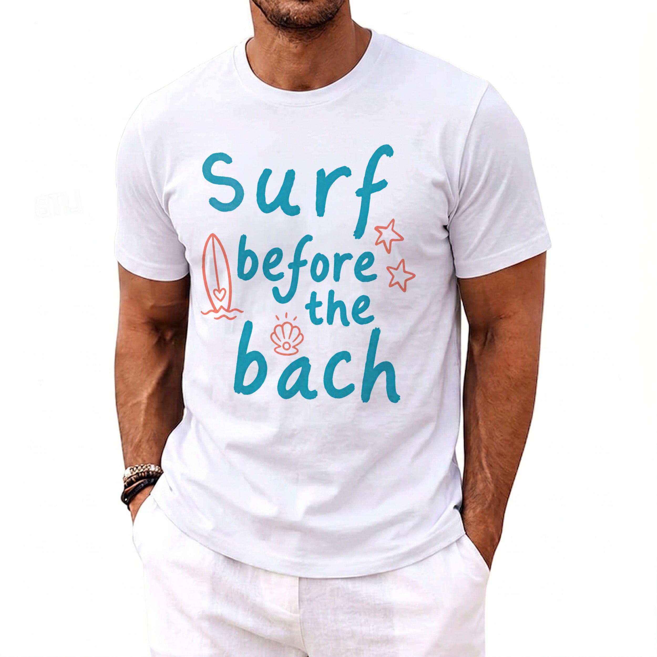 White t-shirt with "surf before the beach" graphic and beach icons.