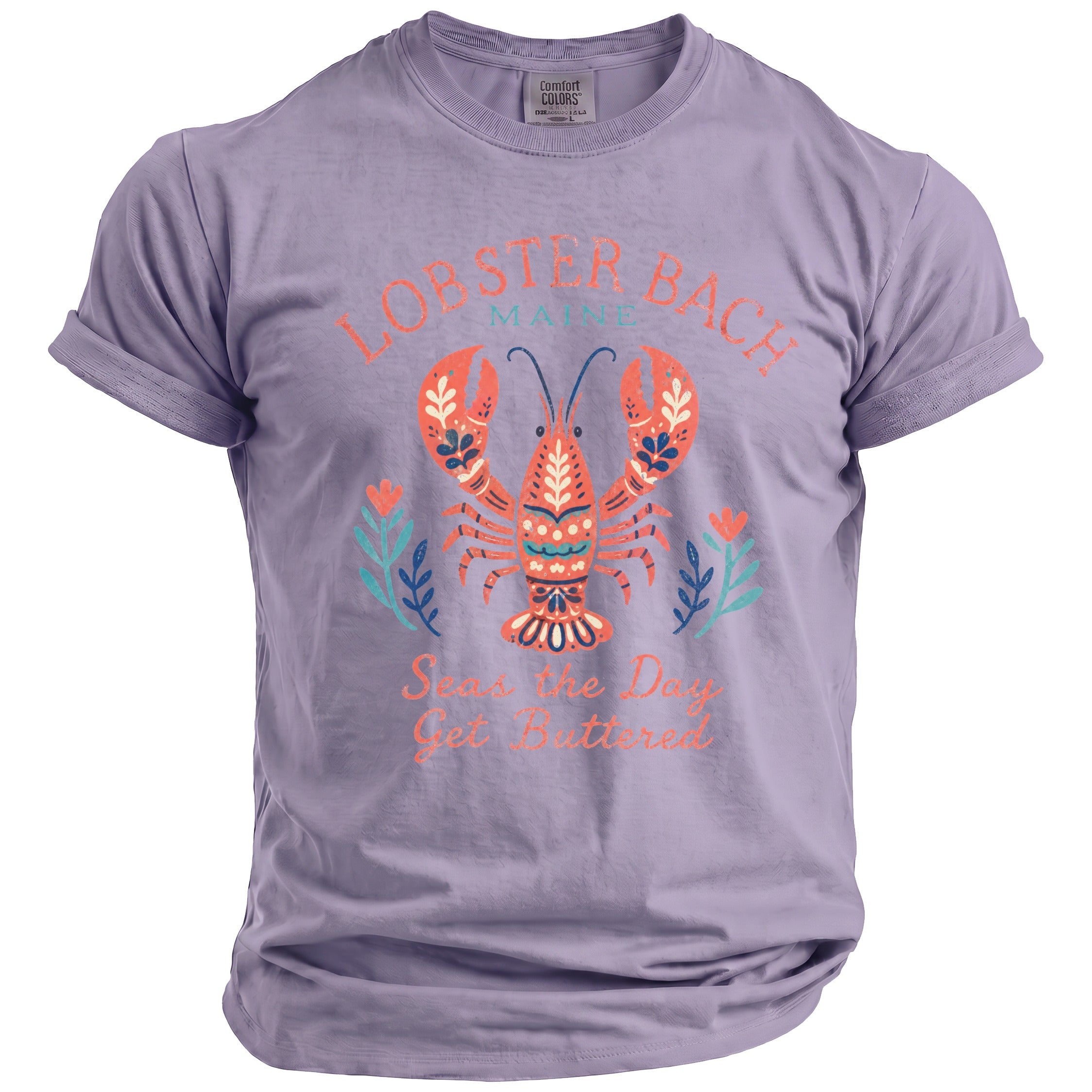 Lavender t-shirt with graphic of lobster and text "Lobster Bach Maine Seas the Day Get Buttered."