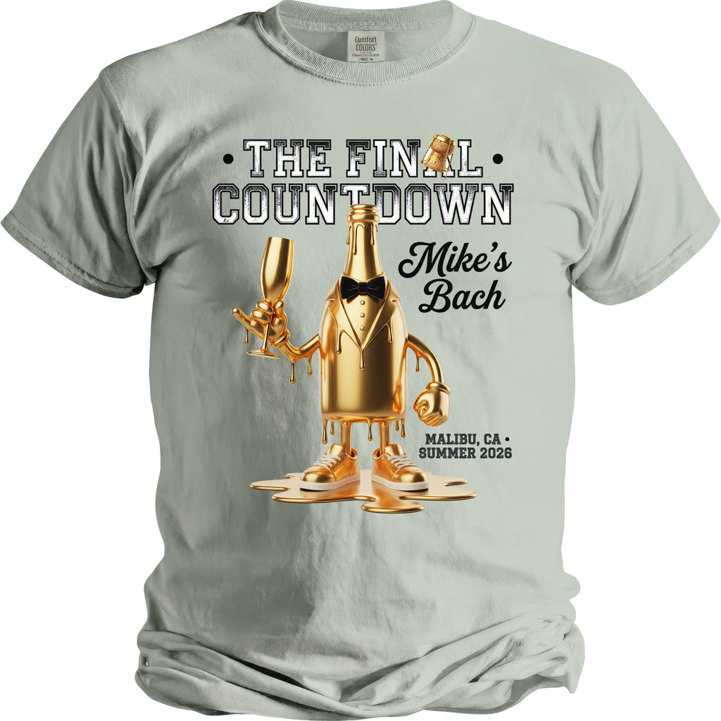 T-shirt with text "THE FINAL COUNTDOWN Mike's Bach Malibu, CA Summer 2026" and cartoon bottle.