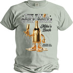 T-shirt with text "THE FINAL COUNTDOWN Mike's Bach Malibu, CA Summer 2026" and cartoon bottle.