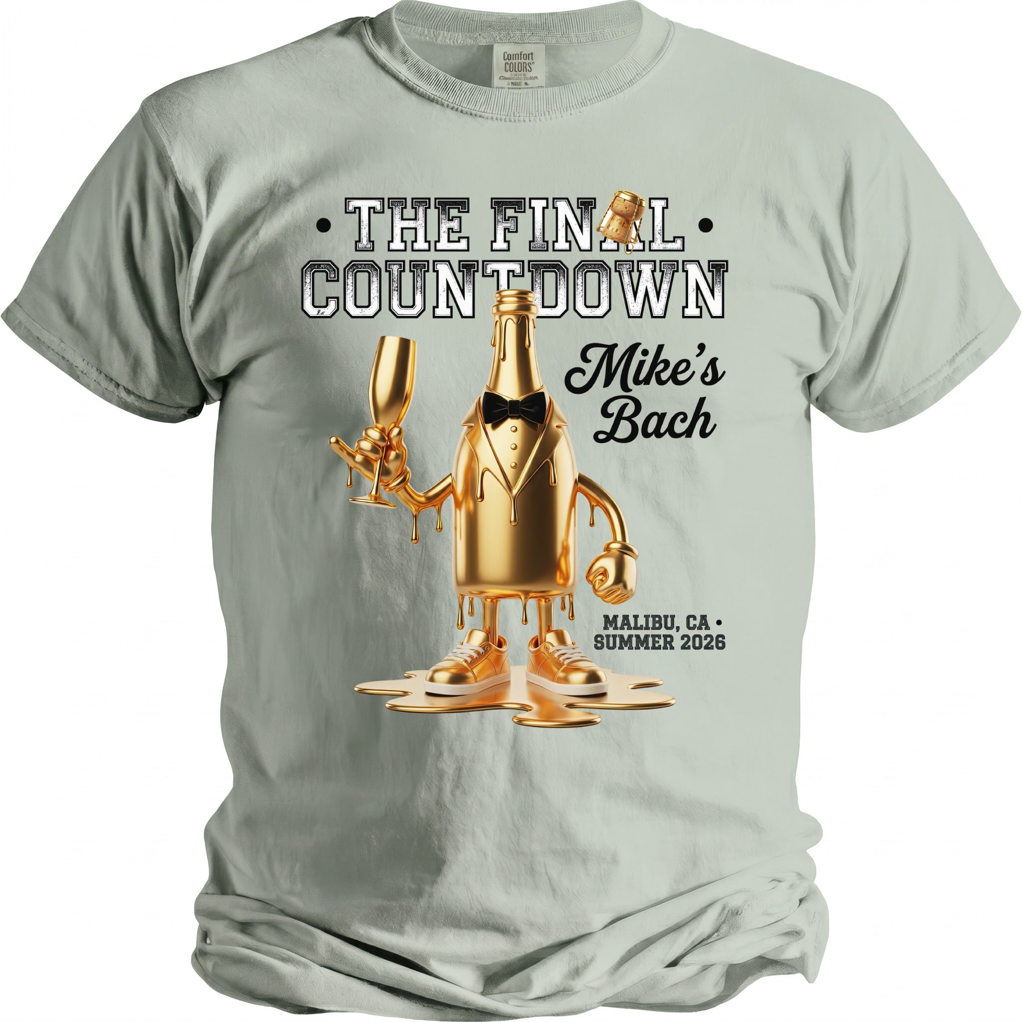 T-shirt with text "THE FINAL COUNTDOWN Mike's Bach Malibu, CA Summer 2026" and cartoon bottle.
