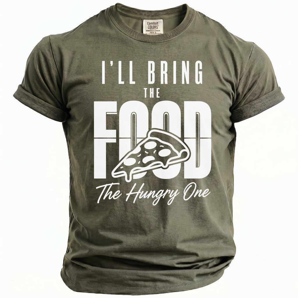 Olive t-shirt with "I'LL BRING THE FOOD The Hungry One" and pizza slice graphic.