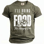 Olive t-shirt with "I'LL BRING THE FOOD The Hungry One" and pizza slice graphic.