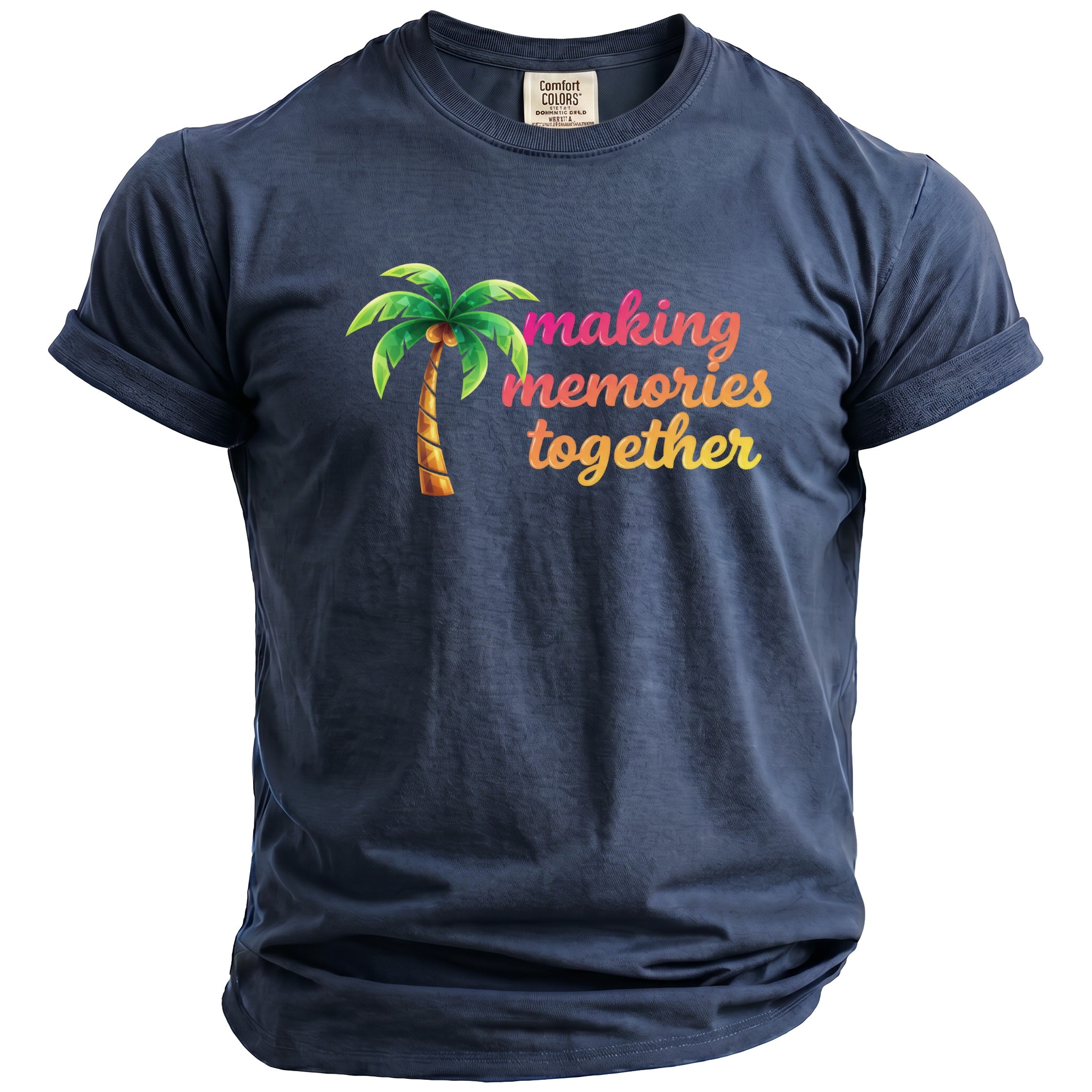 Navy Comfort Colors t-shirt with palm tree and "making memories together" text.
