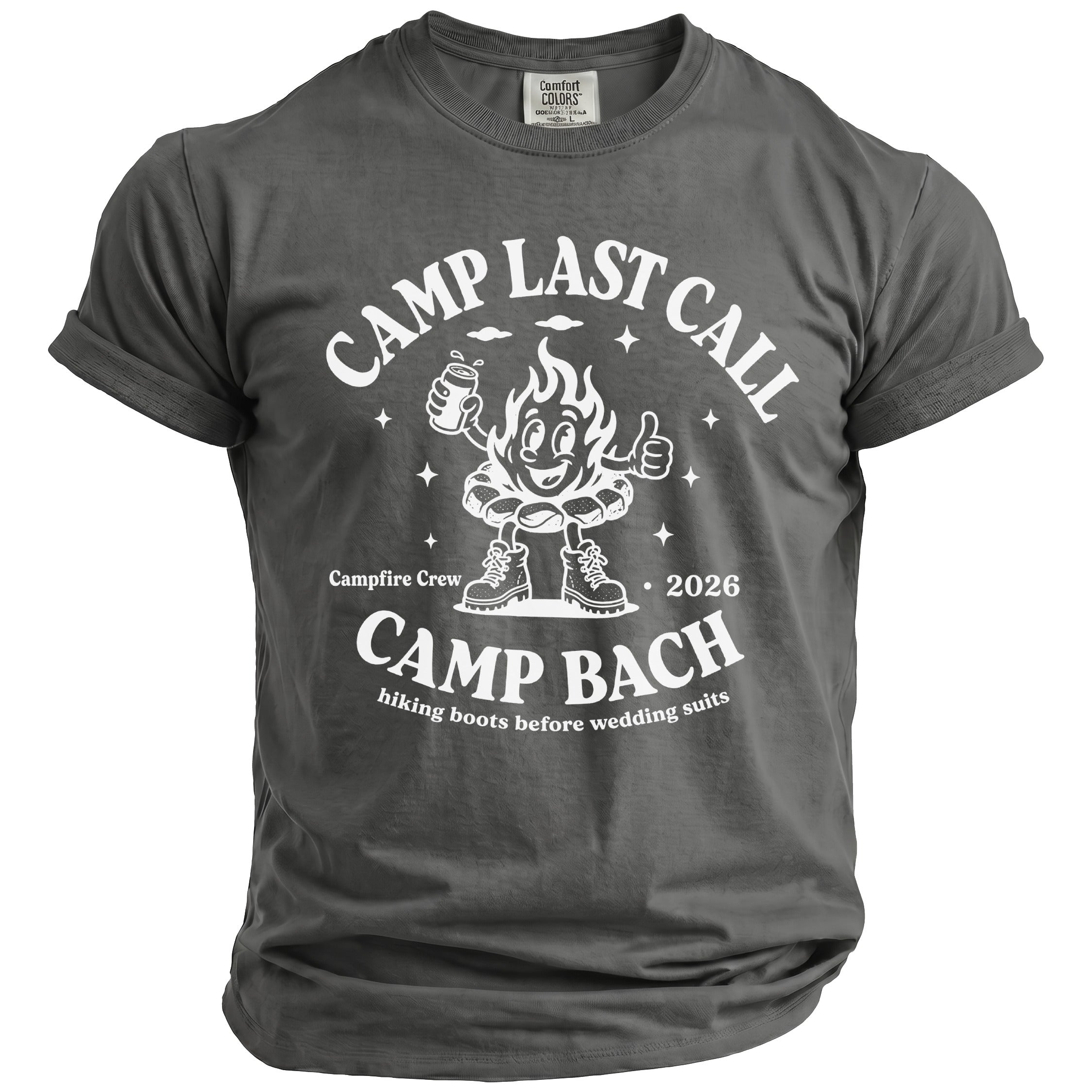 Charcoal crewneck t-shirt with a white graphic featuring a cartoon campfire holding a beverage and hiking boots.