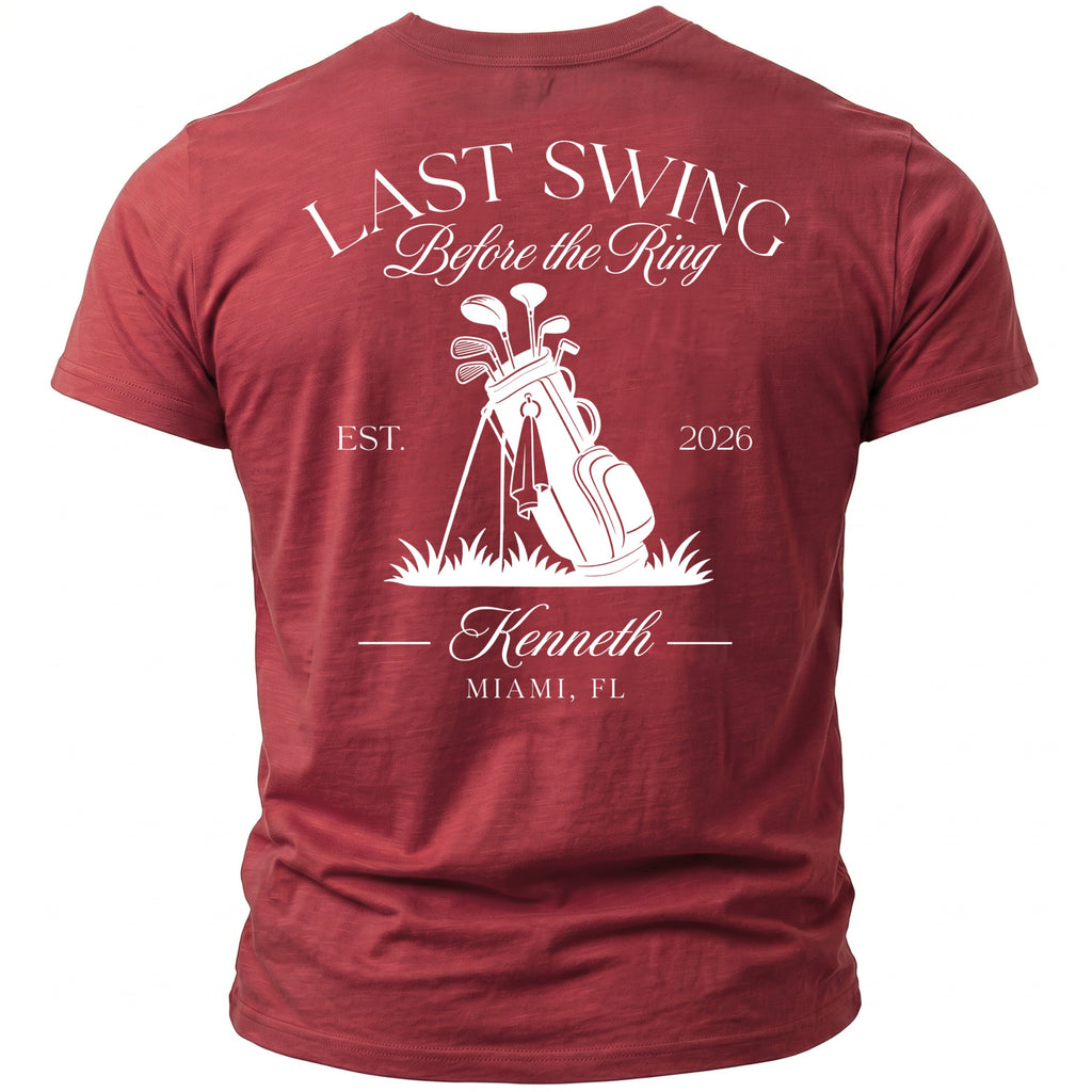 Red t-shirt with "Last Swing Before the Ring" text, golf bag, and Miami, FL.