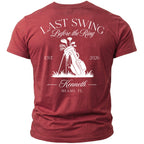 Red t-shirt with "Last Swing Before the Ring" text, golf bag, and Miami, FL.
