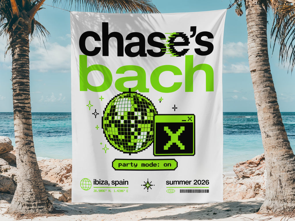 White banner with "chase's bach" and disco ball, party mode on, ibiza, summer 2026.