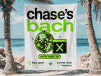 White banner with "chase's bach" and disco ball, party mode on, ibiza, summer 2026.
